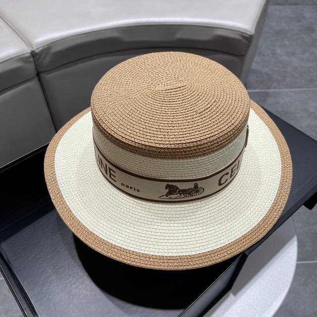 Celine赛琳2024专柜新款草帽沙滩太阳帽，纯手工钩织制作，头围57Cm