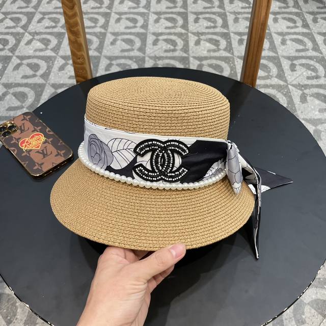 Chanel香奈儿 2024新款珍珠丝带款草编度假风盆帽草帽，大牌风～出街旅行单品