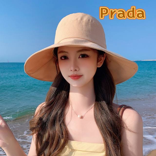 Prada普拉达 2024春夏款大沿蝴蝶结遮阳渔夫帽 双层黑胶遮阳～更有质感的一款