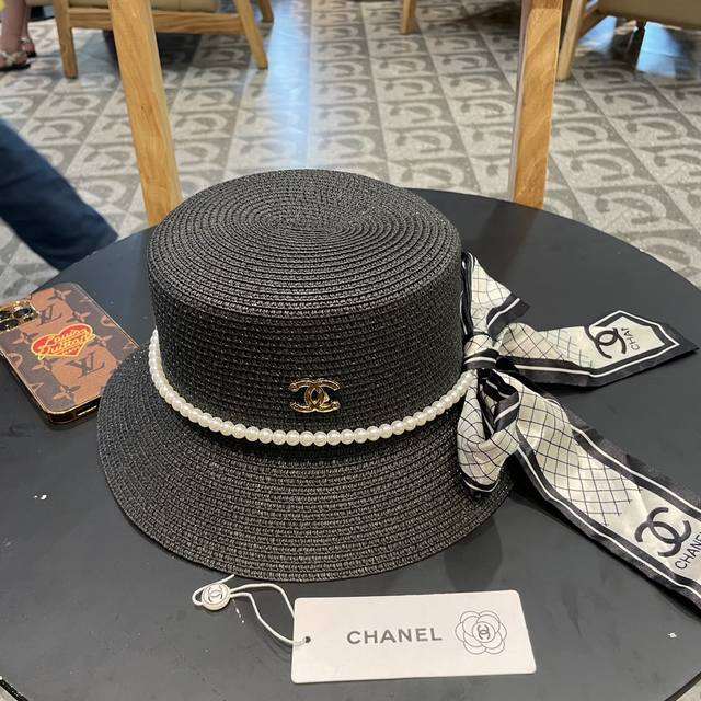 Chanel香奈儿 2024新款珍珠丝带款草编度假风盆帽草帽，大牌风～出街旅行单品 - 点击图像关闭