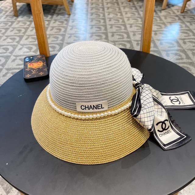 Chanel香奈儿名媛风草帽，进口pp草，搭配欧根纱蝴蝶结，头围57Cm