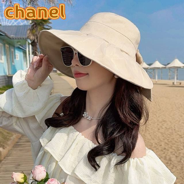 Chanel香奈儿大帽檐防晒帽女2024夏季新款甜美休闲渔夫帽遮阳遮脸防紫外线帽子