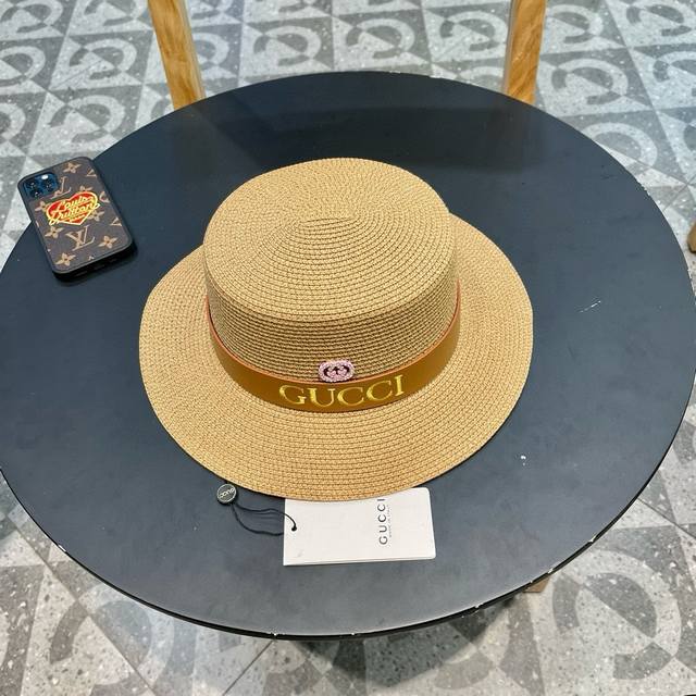 Gucci古奇草帽，刺绣字母遮阳帽，L头围57Cm