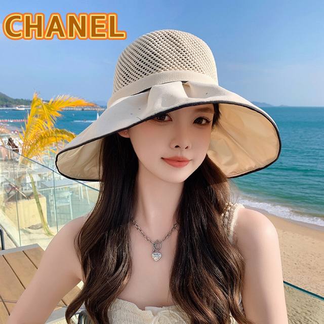 Chanel香奈儿 2024春夏款大沿蝴蝶结遮阳渔夫帽 双层黑胶遮阳～更有质感的一款