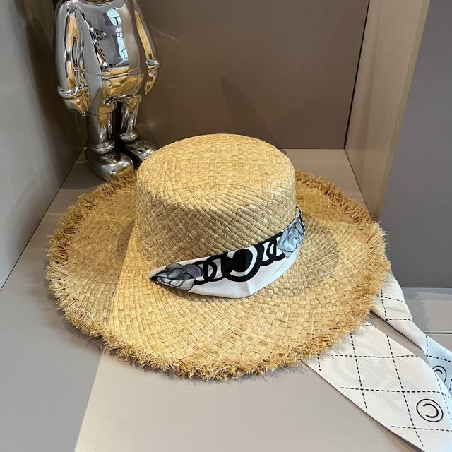 Chanel香奈儿拉菲草帽，带丝带防风绳，头围57Cm