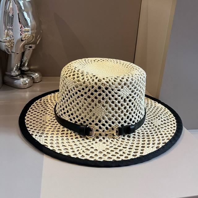 Gucci古奇新款平顶礼帽，镂空遮阳帽，头围57Cm - 点击图像关闭