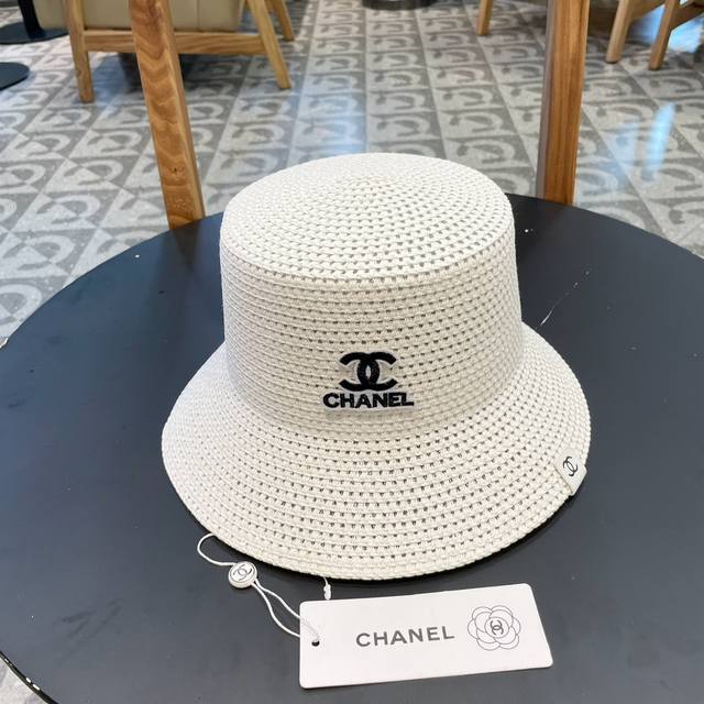 Chanel香奈儿春夏草帽新款镂空透气渔夫帽 针织定型小桶帽