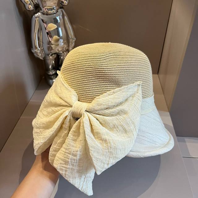 Dior迪奥名媛风草帽，蝴蝶结草帽，可折叠，头围57Cm