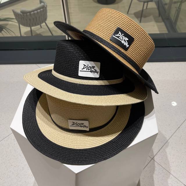 Dior迪奥草帽，太阳帽，沙滩遮阳帽帽，名媛风，搭配飘带，头围57Cm