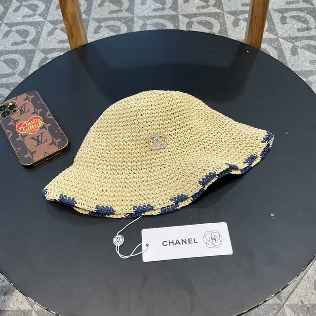 Chanel香奈儿2024新款草帽海边沙滩太阳帽夏季户外遮阳防晒帽大檐渔夫帽