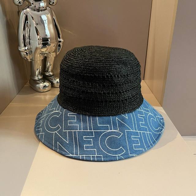 Celine赛琳新款草帽，拉菲草制作，拼老花ff面料，名媛必备，头围57Cm