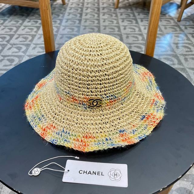 Chanel香奈儿 彩色编织草帽女夏季海边度假遮阳防晒帽透气镂空大帽檐显脸小帽子