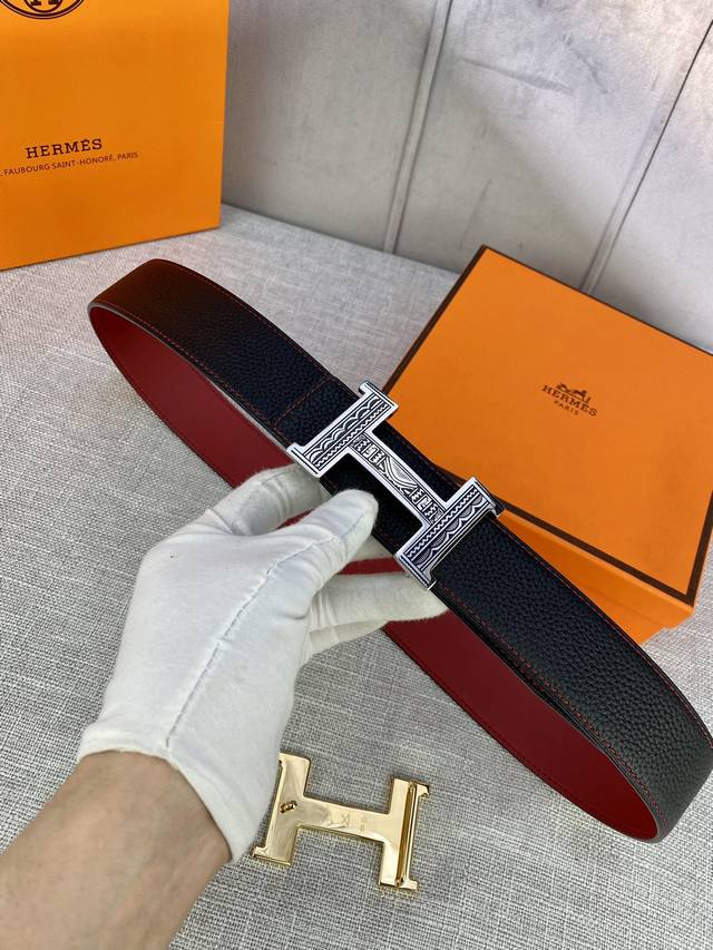 特 Hermes-H Belt Buckle & Reversible Leather Strap38Mm 爱马仕专柜同步 进口双面小牛皮 精钢精品五金 双面可