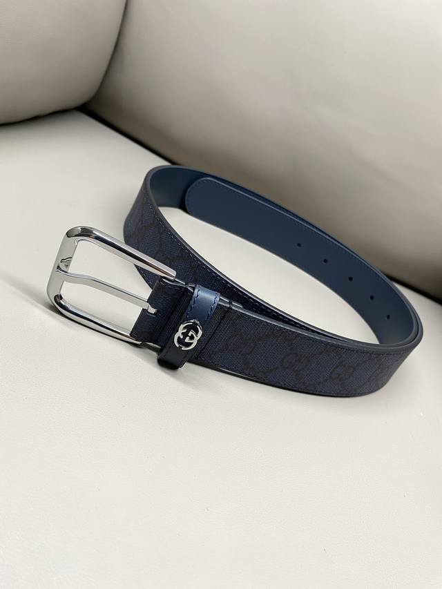 Gucci 古驰 3.5针扣纯手工缝制 进口小牛皮材质腰带 精致扣头 深蓝supreme面料