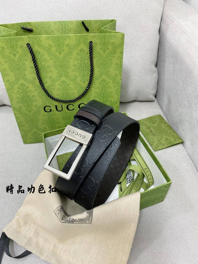 Gucci 海外专柜同步新款，双面可用原单腰带，进口原厂头层牛皮，搭配精品内穿扣头，宽度3.5Cm - 点击图像关闭