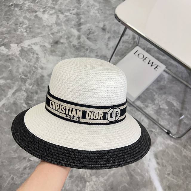 特 配防尘袋. Dior迪奥 2024新款拼色大牌织带度假遮阳盆帽草帽，出街旅行单品