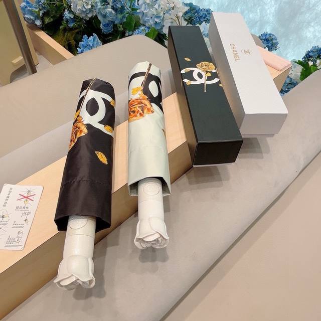 Chanel 香奈儿 新款玫瑰花头柄大logo山茶花三折自动折叠晴雨伞 选用台湾进口uv防紫外线伞布 原单代工级品质.