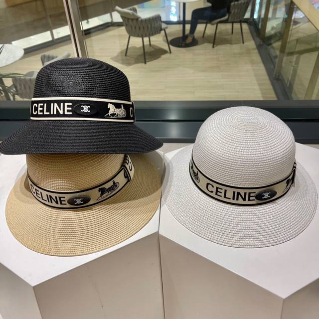 Celine赛琳鸭舌草帽，沙滩遮阳帽，缎料飘带，可折叠，头围57Cm