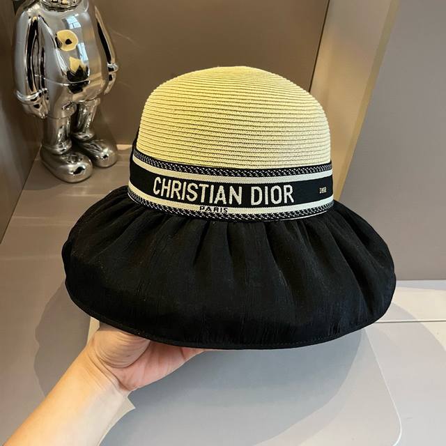 Dior迪奥新款草帽，可折叠拼接布帽，名媛风，头围57Cm - 点击图像关闭