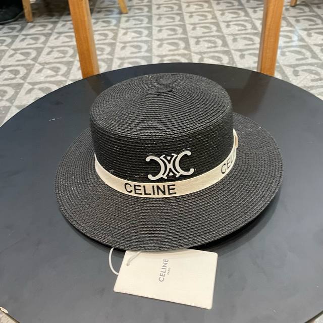 P 赛琳cellne2024夏季新款草帽，太阳帽，细草制作，拼色设计，可折叠，头围57Cm - 点击图像关闭