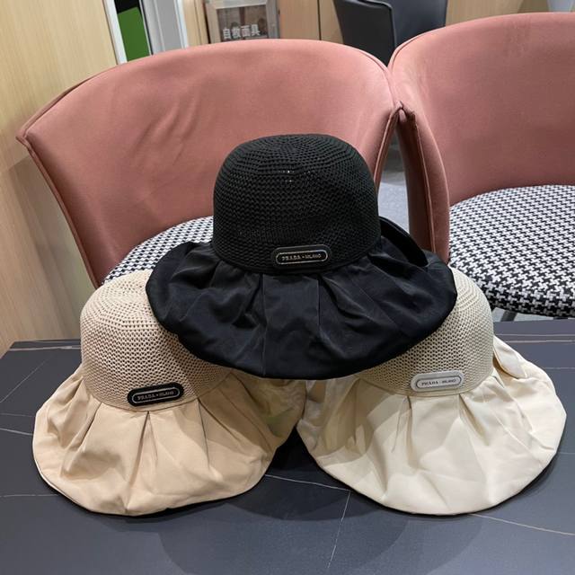 Prada普拉达 2024新款渔夫帽高级感防晒遮阳帽子女夏季百搭太阳帽
