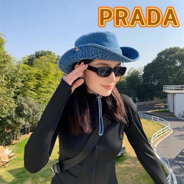 Prada普拉达2024年春夏季新款牛仔帽子男女韩版户外出游渔夫帽防晒遮阳太阳帽 - 点击图像关闭