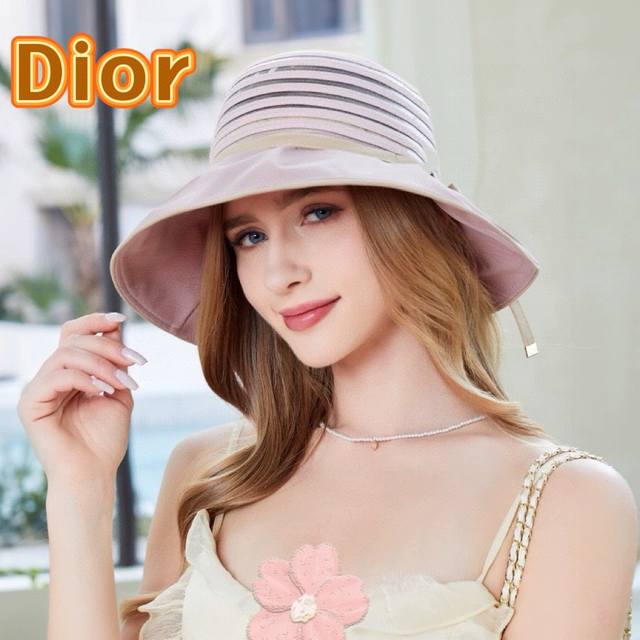 Dior跨境热采帽子女欧美时尚条纹渔夫帽大帽檐遮阳帽外贸防晒太阳帽夏 - 点击图像关闭
