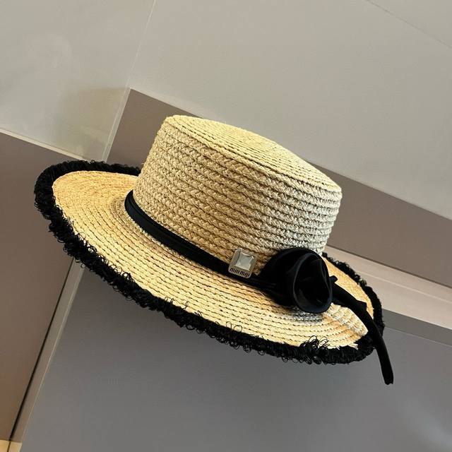 缪缪miumiu拉菲草帽，平顶礼帽，拉菲草制作，高端定制，头围57Cm