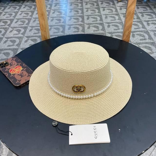 Gucci古奇新款草帽，平顶礼帽，进口植草制作，头围57Cm