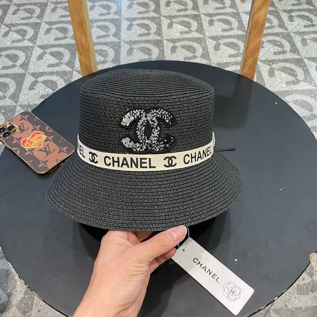 Chanel香奈儿 2024夏季新款草帽，太阳帽，桶帽，网红必推款，黑 白两色，头围57Cm - 点击图像关闭