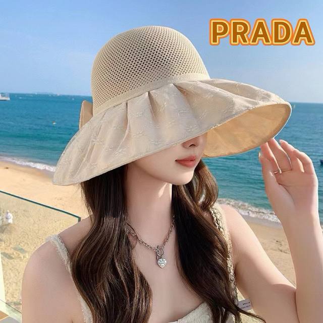 Prada普拉达 2024新款夏季渔夫帽女士大檐防紫外线沙滩帽子防晒遮阳出游太阳帽