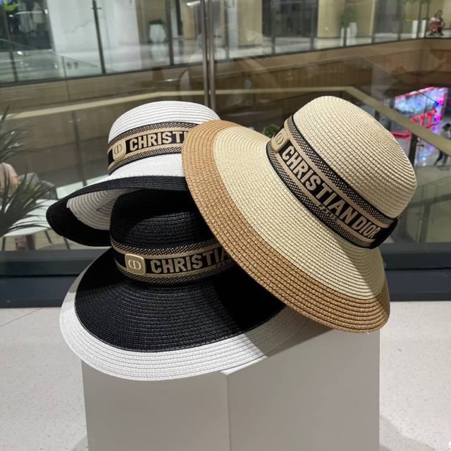 Dior迪奥新款草帽，遮阳帽，太阳帽，沙滩遮阳帽帽，拼色 - 点击图像关闭