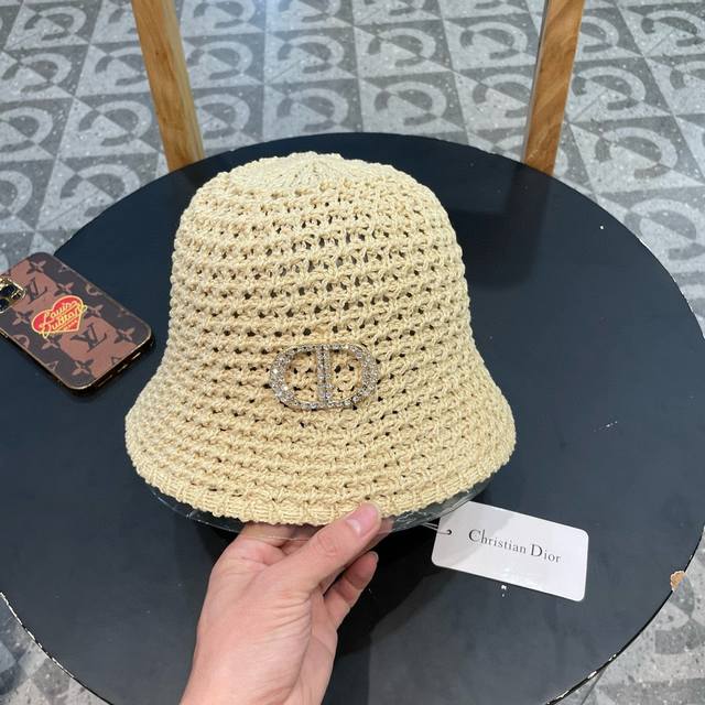 Dior夏季编织透气渔夫帽子女薄款遮阳草帽水桶帽日系显脸小遮脸太阳帽