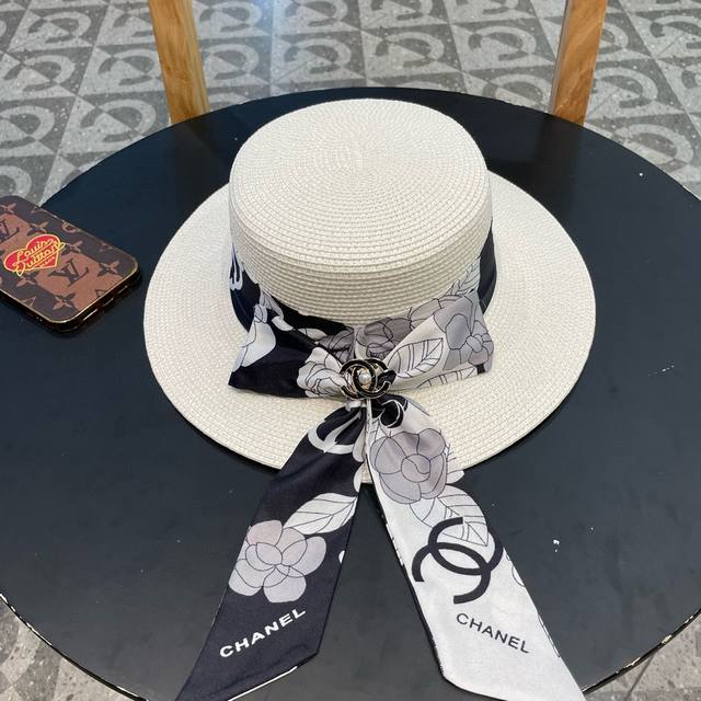 Chanel香奈儿草帽，蝴蝶结丝巾扣平顶礼帽，日本支持制作，高级断面蝴蝶结，遮阳防晒百搭
