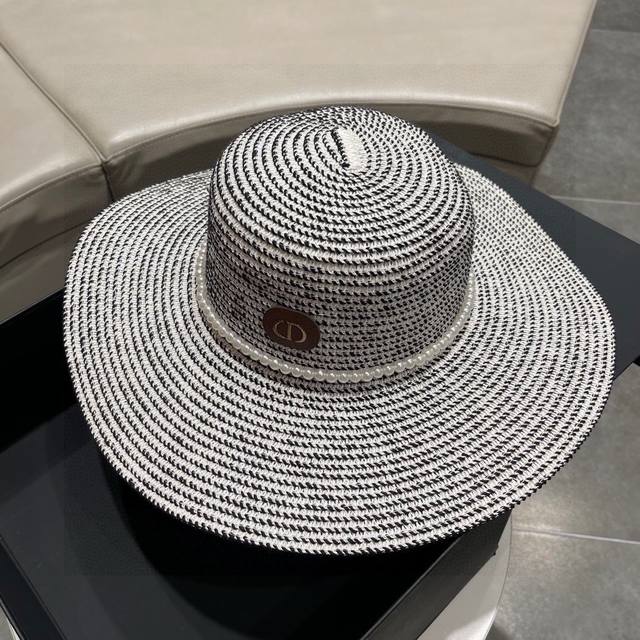 迪奥大檐草帽 Dior迪奥草帽，太阳帽，沙滩遮阳帽帽，名媛风，搭配飘带，头围57Cm - 点击图像关闭