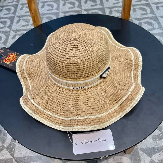 Dior迪奥波浪边草帽，名媛风遮阳帽，细草制作，可折叠，头围57Cm - 点击图像关闭