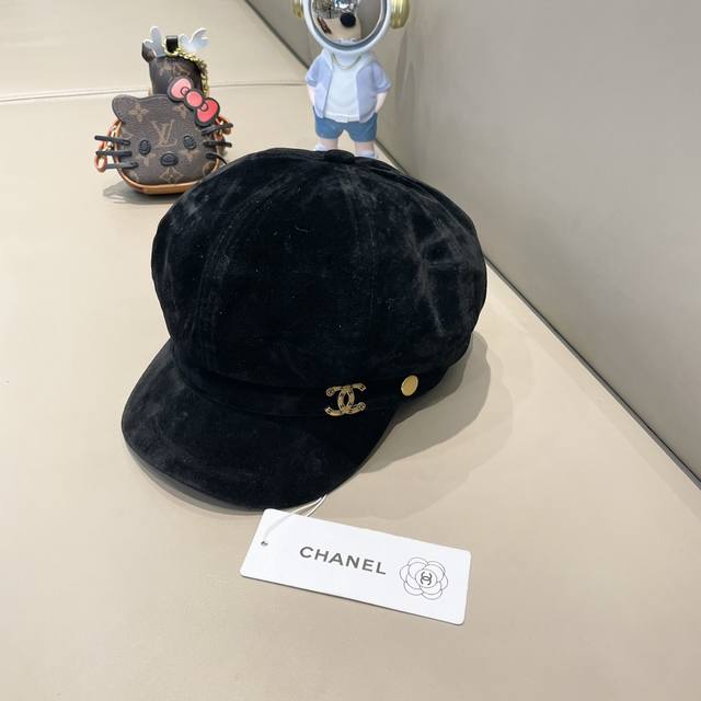 Chanel香奈儿秋冬帽子女洋气时尚显脸小黑色丝绒面料八角帽画家帽报童帽鸭舌帽