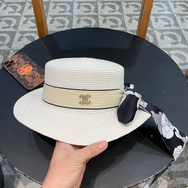 Chanel香奈儿草帽，遮阳沙滩帽，搭配香奈儿飘带，高级定制，头围57Cm 四个色 - 点击图像关闭