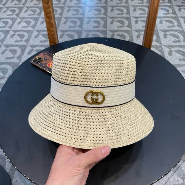 Gucci古奇草帽，重工设计风格，沙滩帽，大草帽，头围57Cm