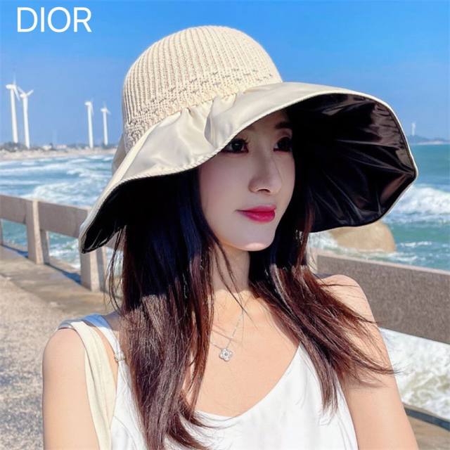 Dior 迪奥 夏季黑胶蝴蝶结渔夫帽子女防紫外线大檐遮脸太阳帽 - 点击图像关闭