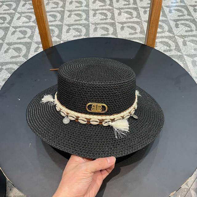 巴黎世家镂空平顶礼帽，遮阳草帽，头围57Cm - 点击图像关闭