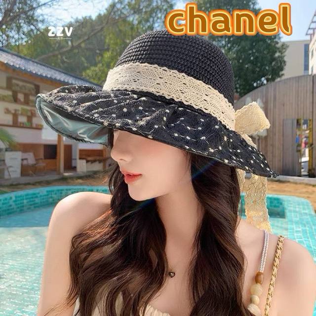 Chanel香奈儿小清新花朵蕾丝针织顶帽子女夏出游海边度假百搭赫本风遮阳帽 - 点击图像关闭