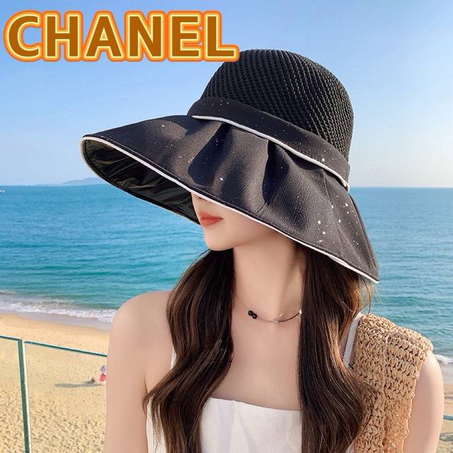 Chanel香奈儿 2024春夏款大沿蝴蝶结遮阳渔夫帽 双层黑胶遮阳～更有质感的一款 - 点击图像关闭