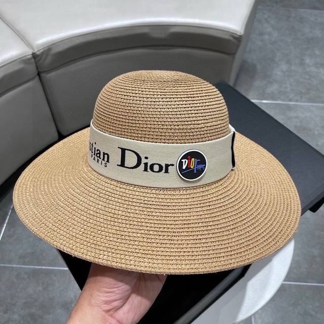 Dior迪奥草帽，太阳帽，沙滩遮阳帽帽，名媛风，搭配织带头围57Cm - 点击图像关闭