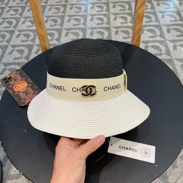 Chanel香奈儿拼接帽，名媛风遮阳帽，，头围57Cm 轻盈简约 - 点击图像关闭