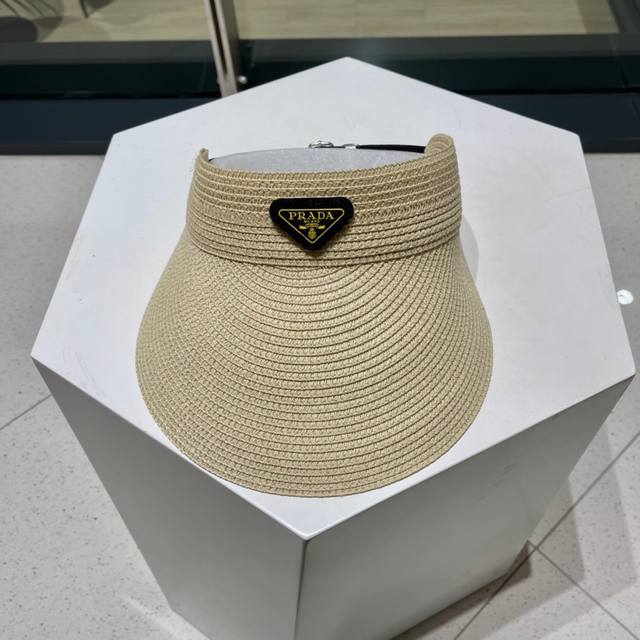 Prada普拉达20223春夏新款遮阳草帽帽，空顶遮阳帽，防嗮遮阳帽，可折叠，头围57Cm，